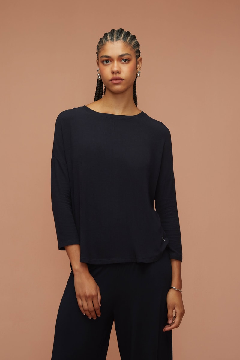 Blusa Decote U Marinho Canelado Bambu Comfort