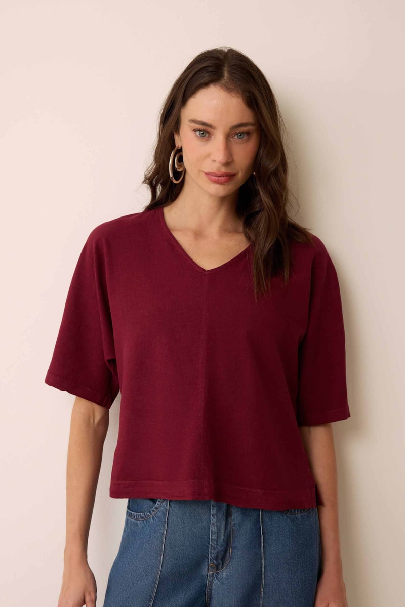 Blusa Decote V Dye Bordô Linho Francis