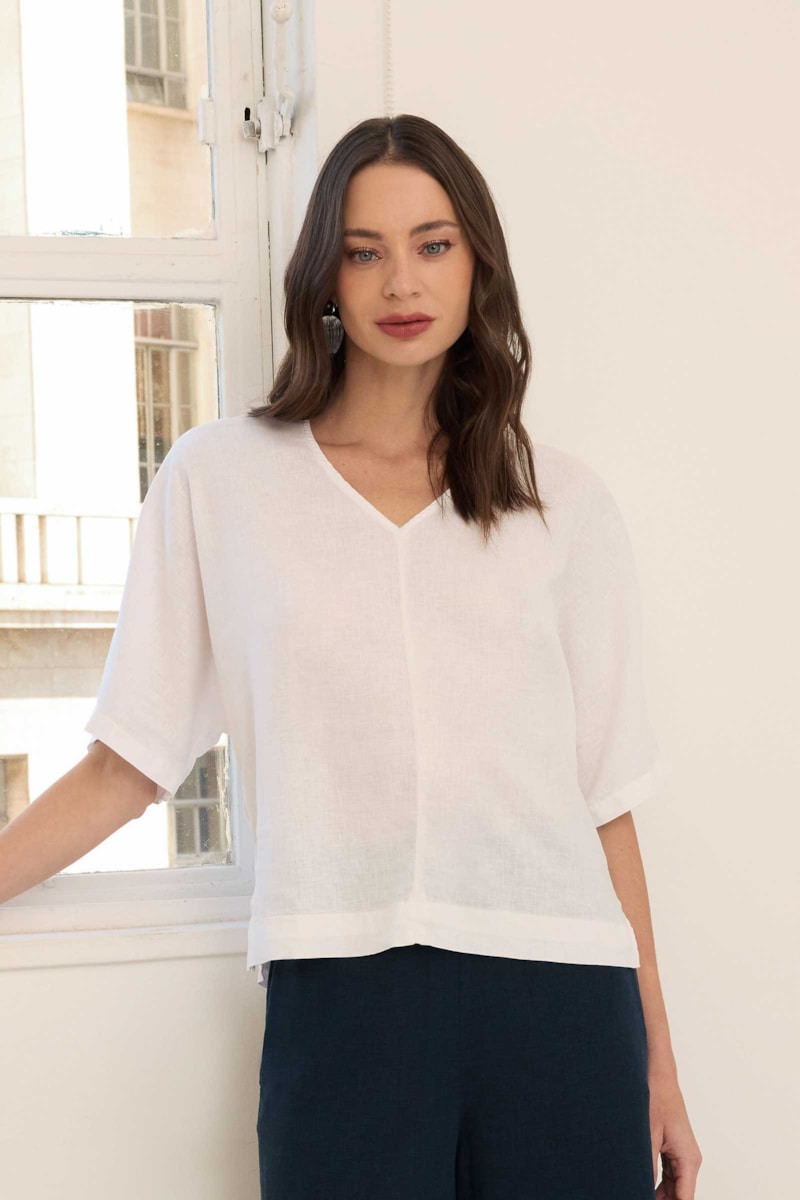  Blusa Decote V Dye Off White Linho Francis