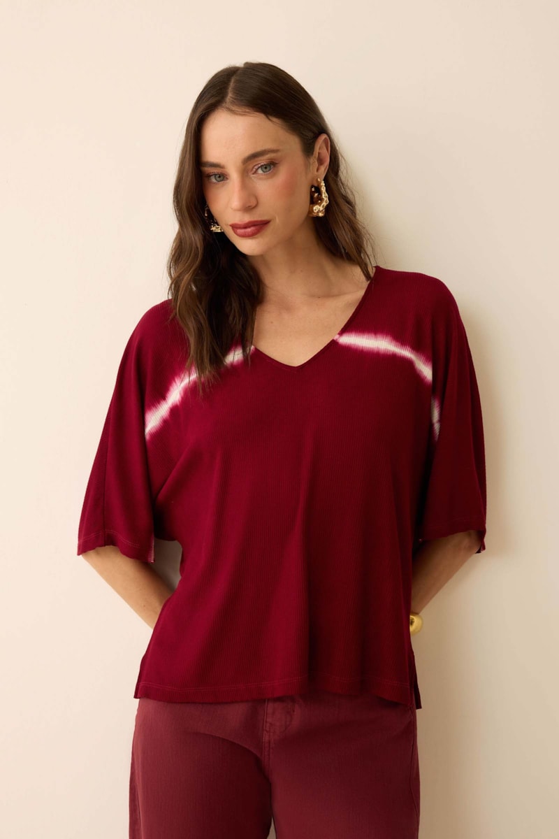 Blusa Decote V Tie Dye Bordô Gia