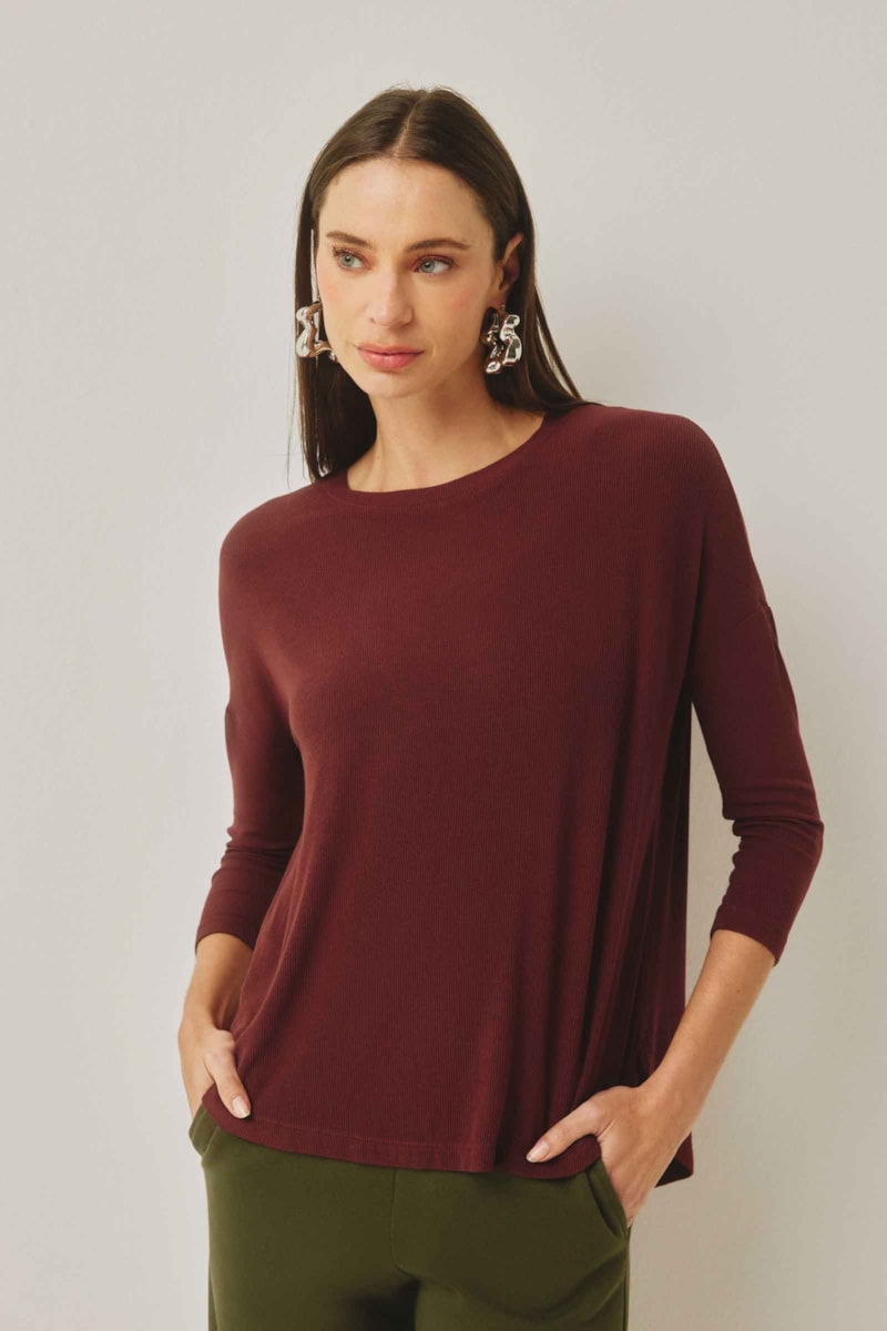 Blusa Manga 3/4 Chocolate Canelado Bambu Comfort