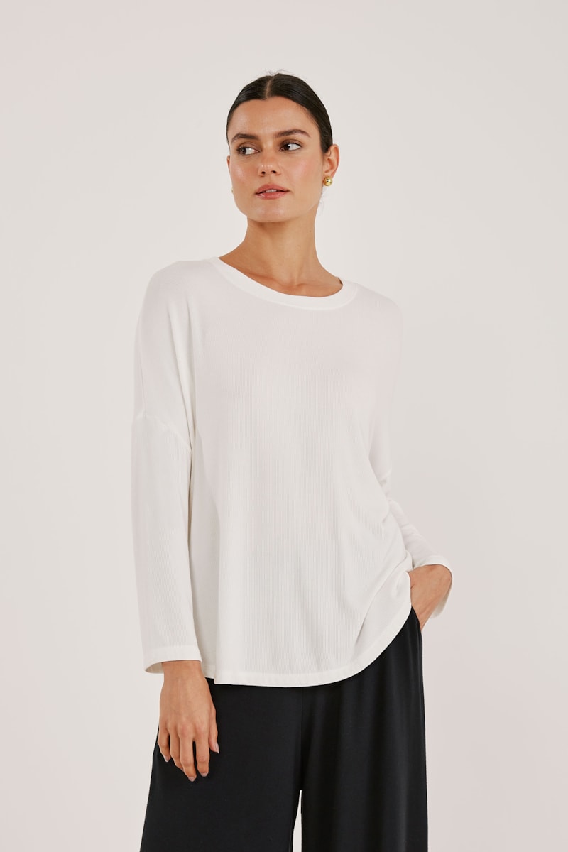 Blusa Manga 3/4 Off White Canelado Bambu Comfort
