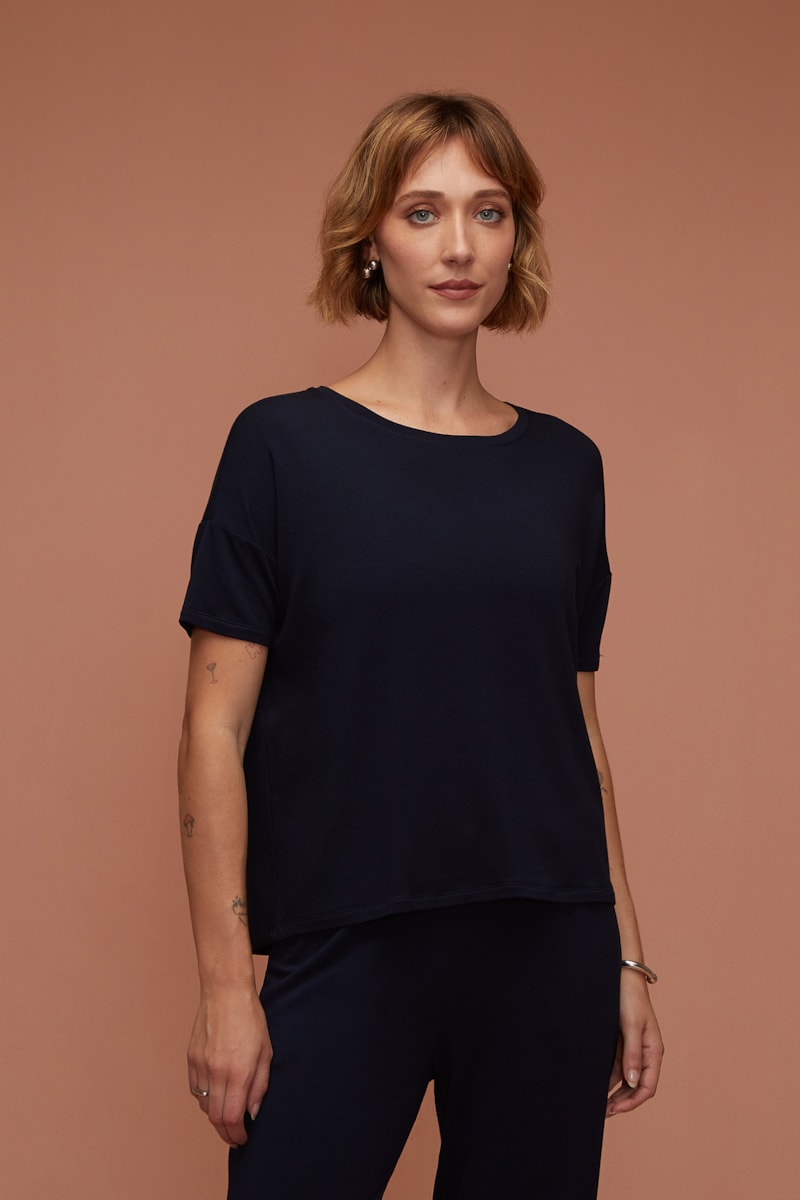 Blusa Manga Curta Marinho Bambu