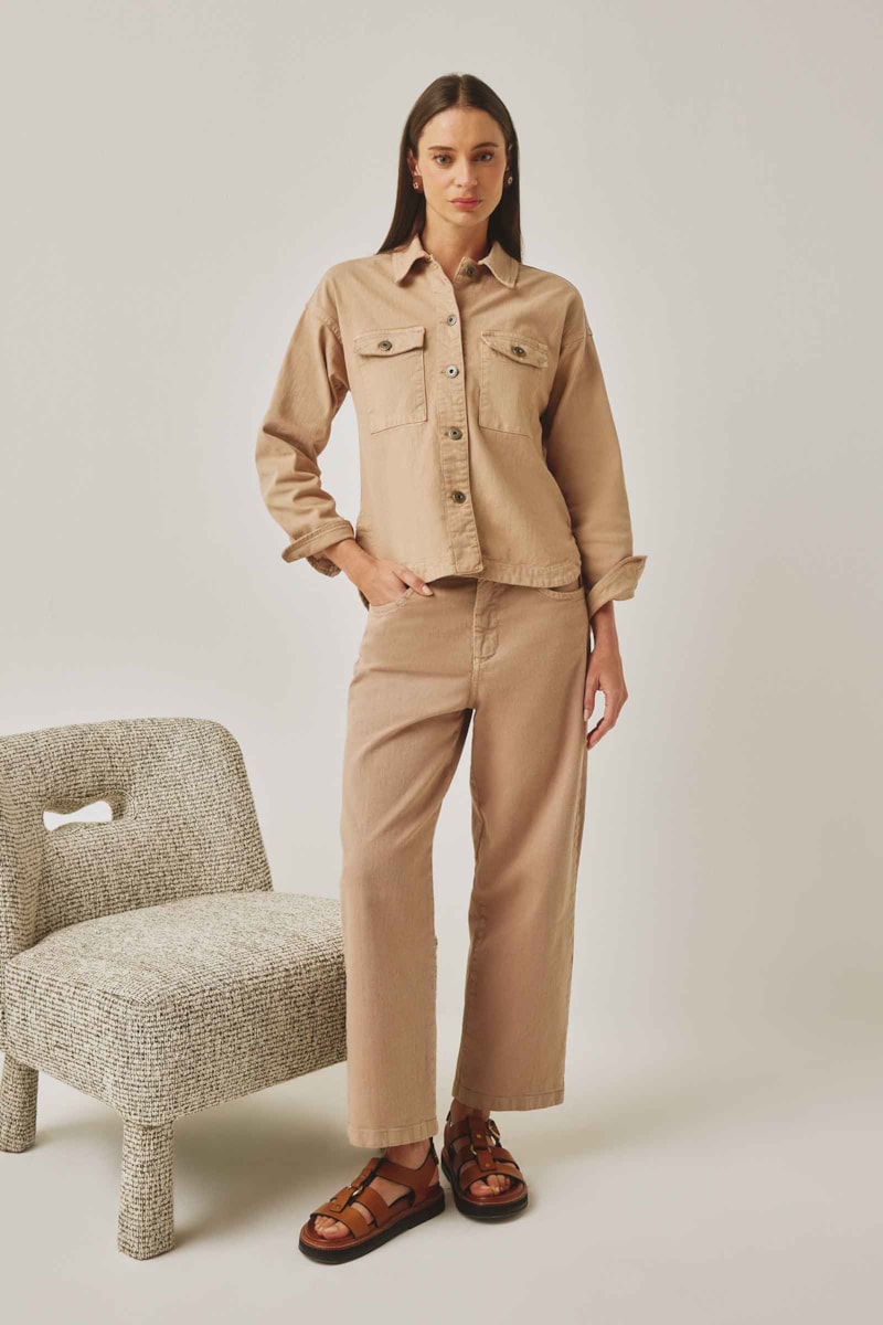 Calça Estonada Taupe Algodão Úrsula