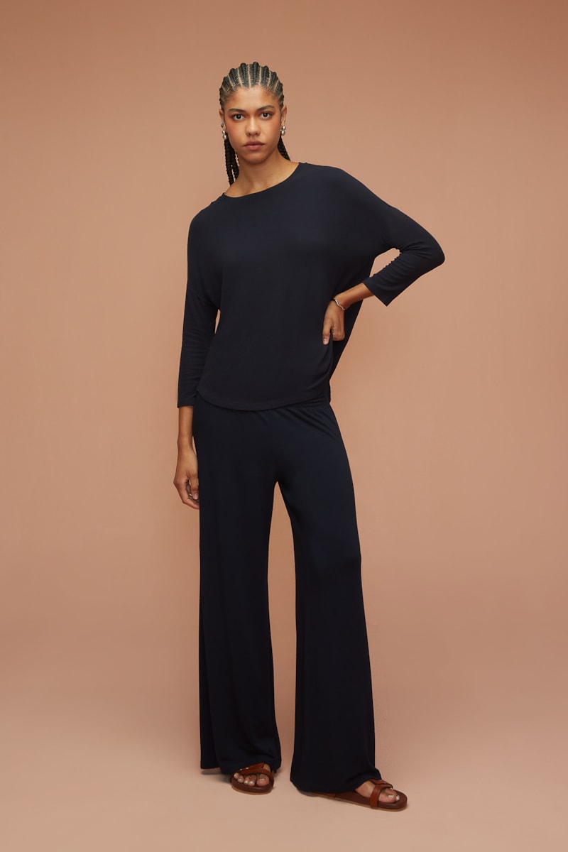 Calça Pantalona Marinho Bambu Lastex Deva