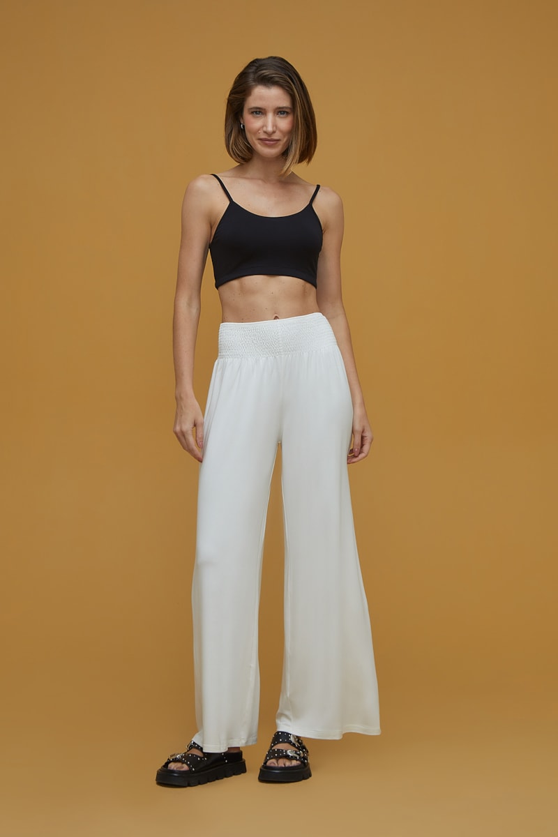 Calça Pantalona Off White Bambu Lastex Deva