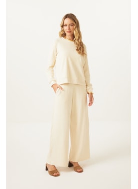 Calca Yogini Algodao Wideleg Perola Creme