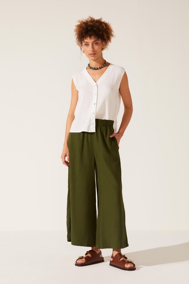Calca Yogini Linho Pantacourt Dye Eunice Verde