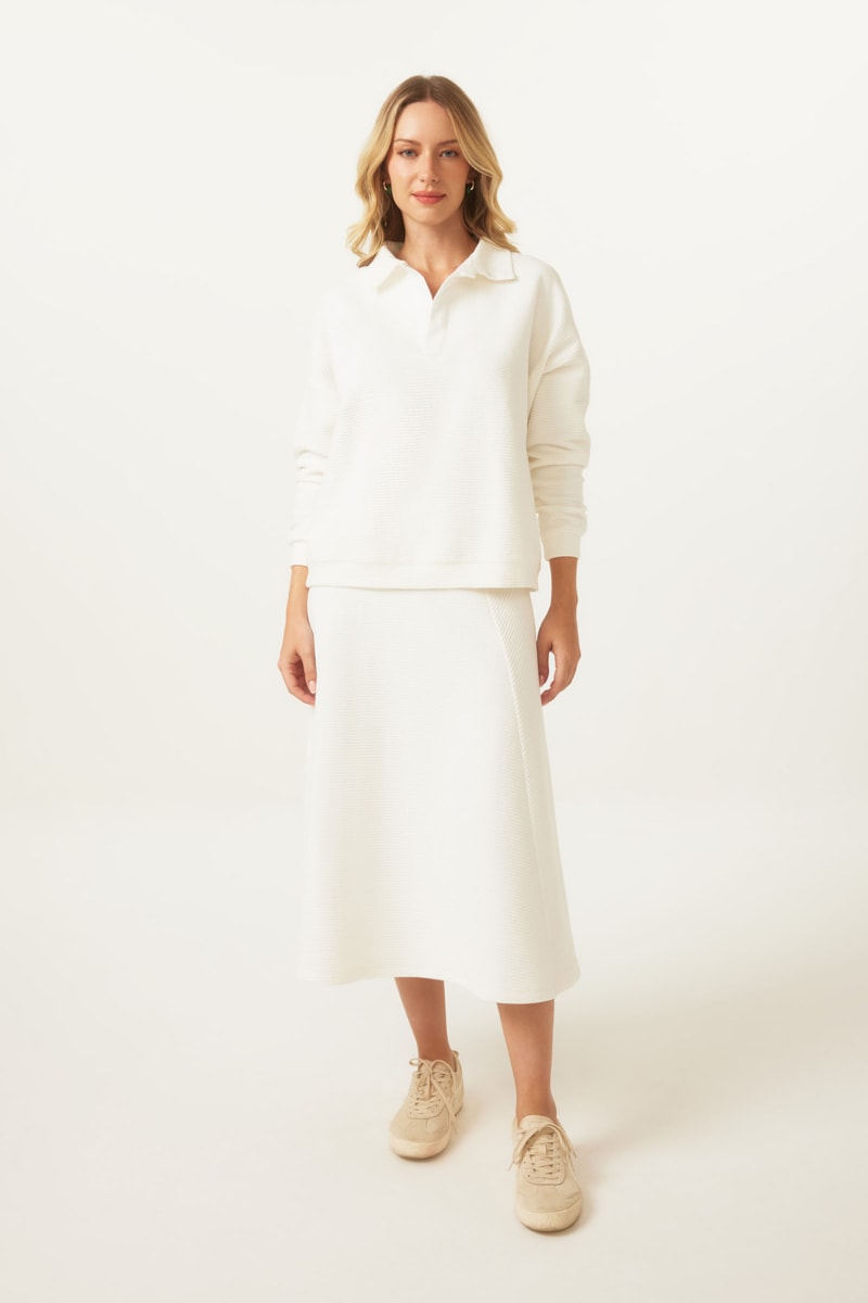 Saia Yogini Algodao Evase Midi Gappy Off White