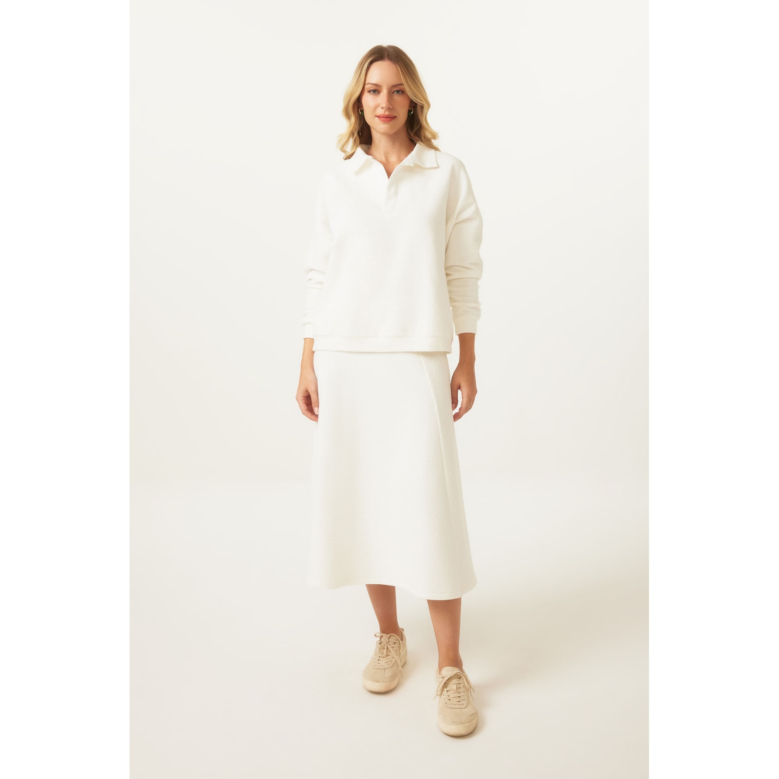 Saia Yogini Algodao Evase Midi Gappy Off White