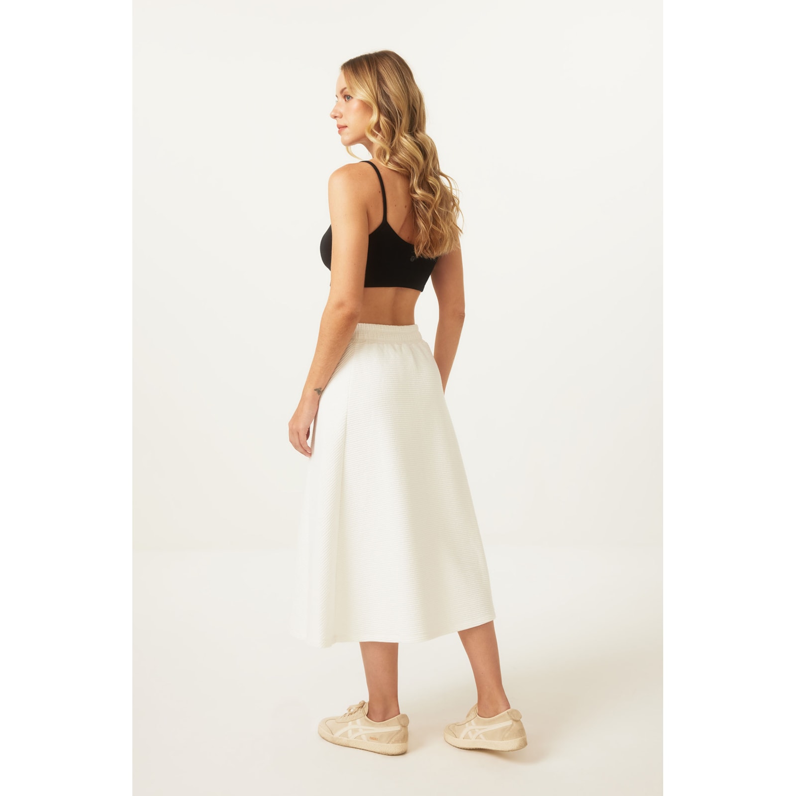 Saia Yogini Algodao Evase Midi Gappy Off White