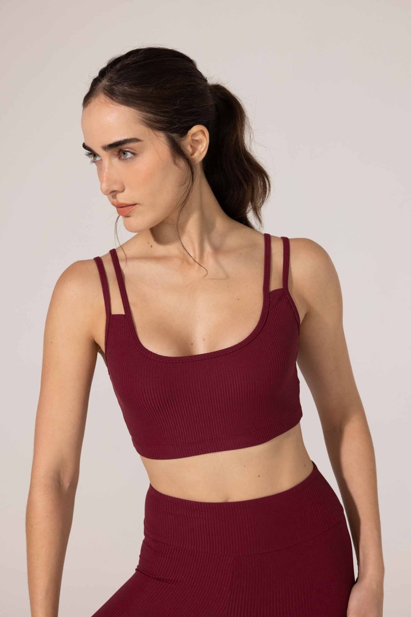 Top Yogini Canelado Alca Dupla Coralina Bordo
