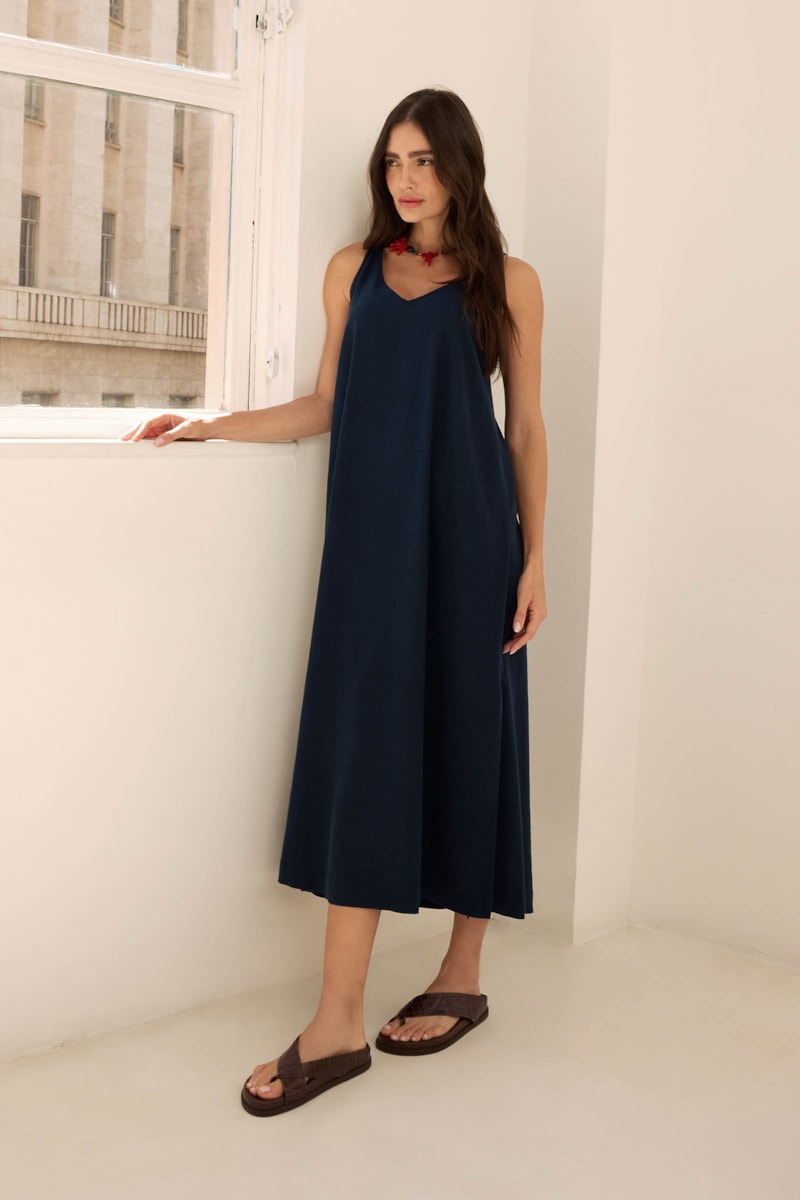 Vestido Evasê Dye  Marinho Linho Ella II