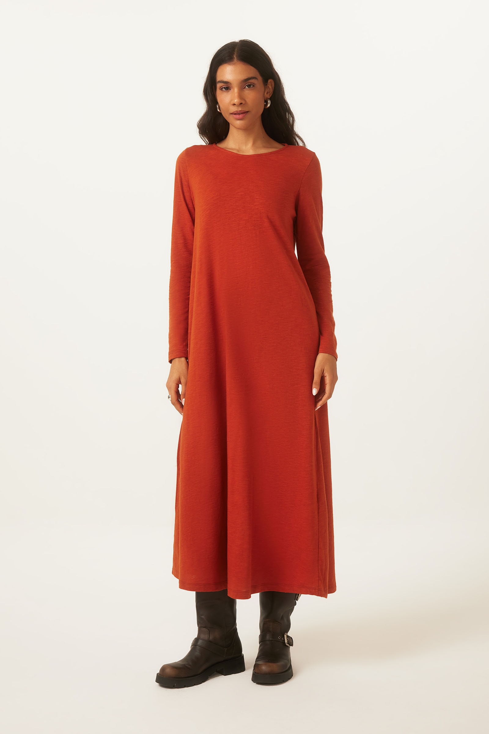 Vestido Evasê Ferrugem Algodão Paola