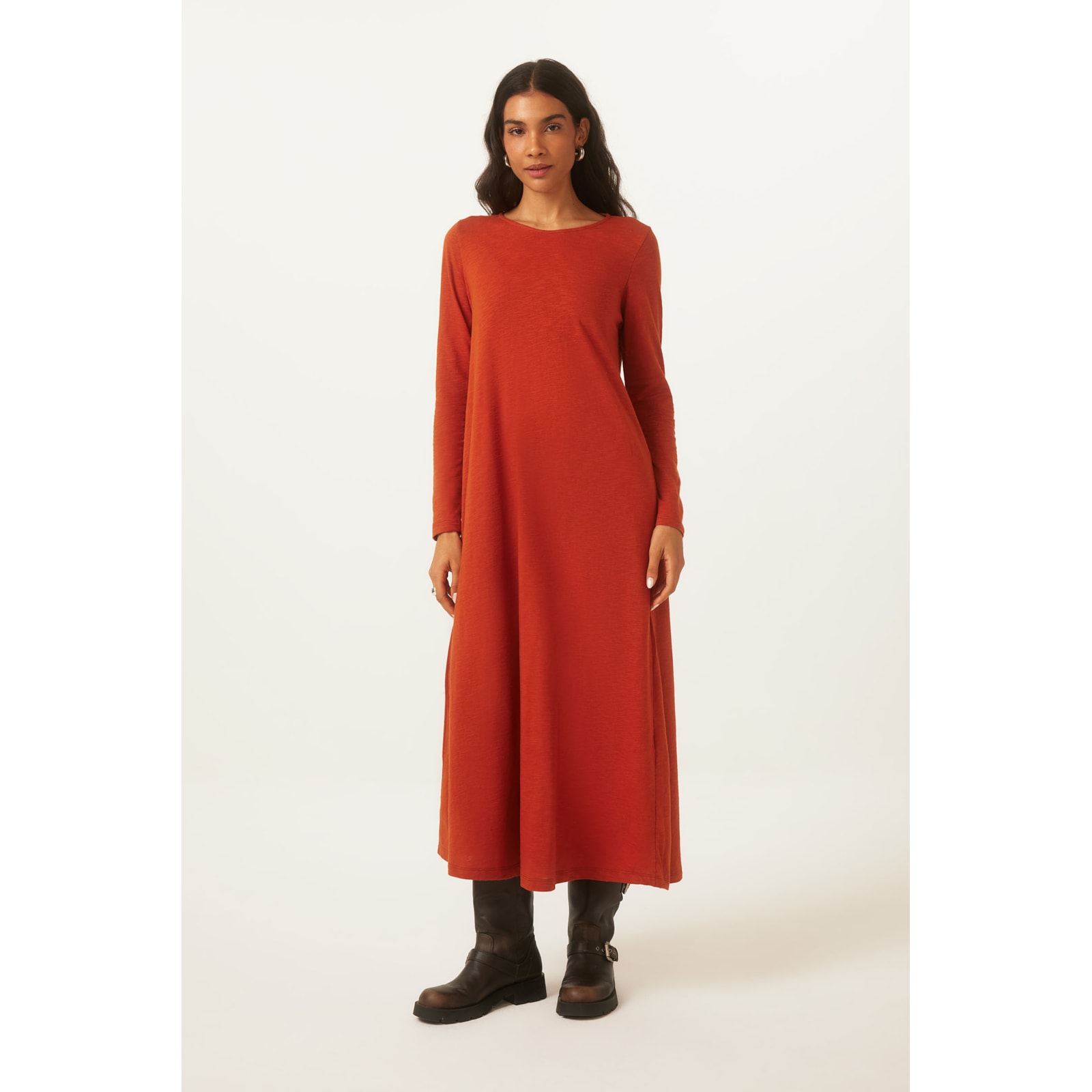 Vestido Evasê Ferrugem Algodão Paola