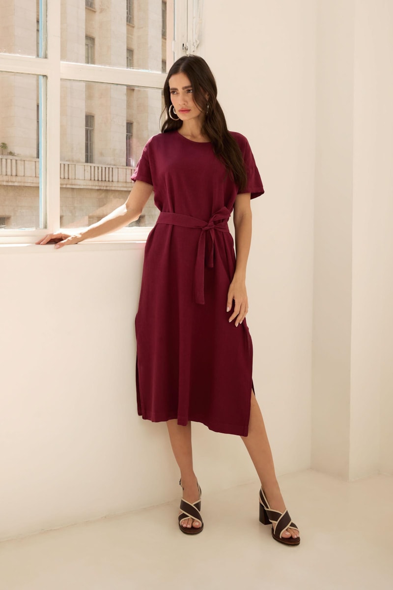 Vestido Midi Dye  Bordô Linho Eunice