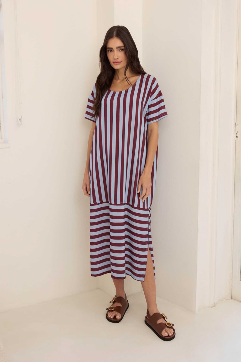 Vestido Midi Listrado Bordô Thea