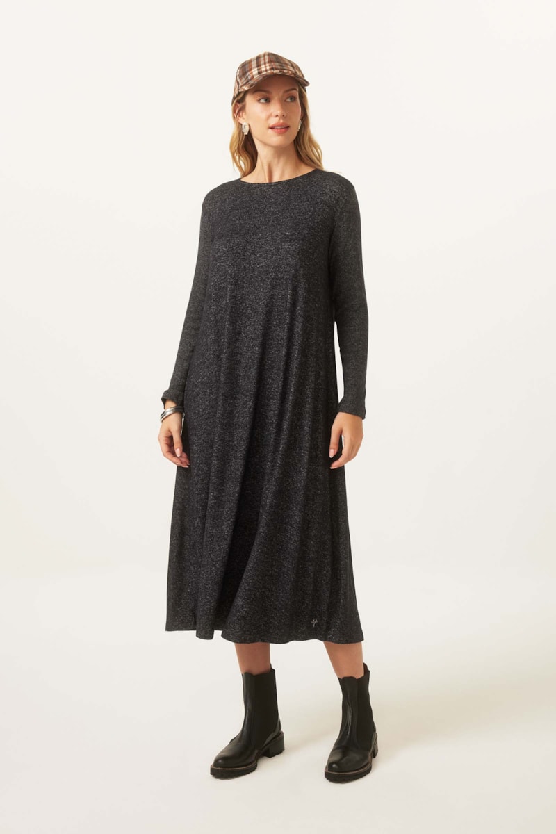 Vestido Yogini Flanelado Evase Jade Preto