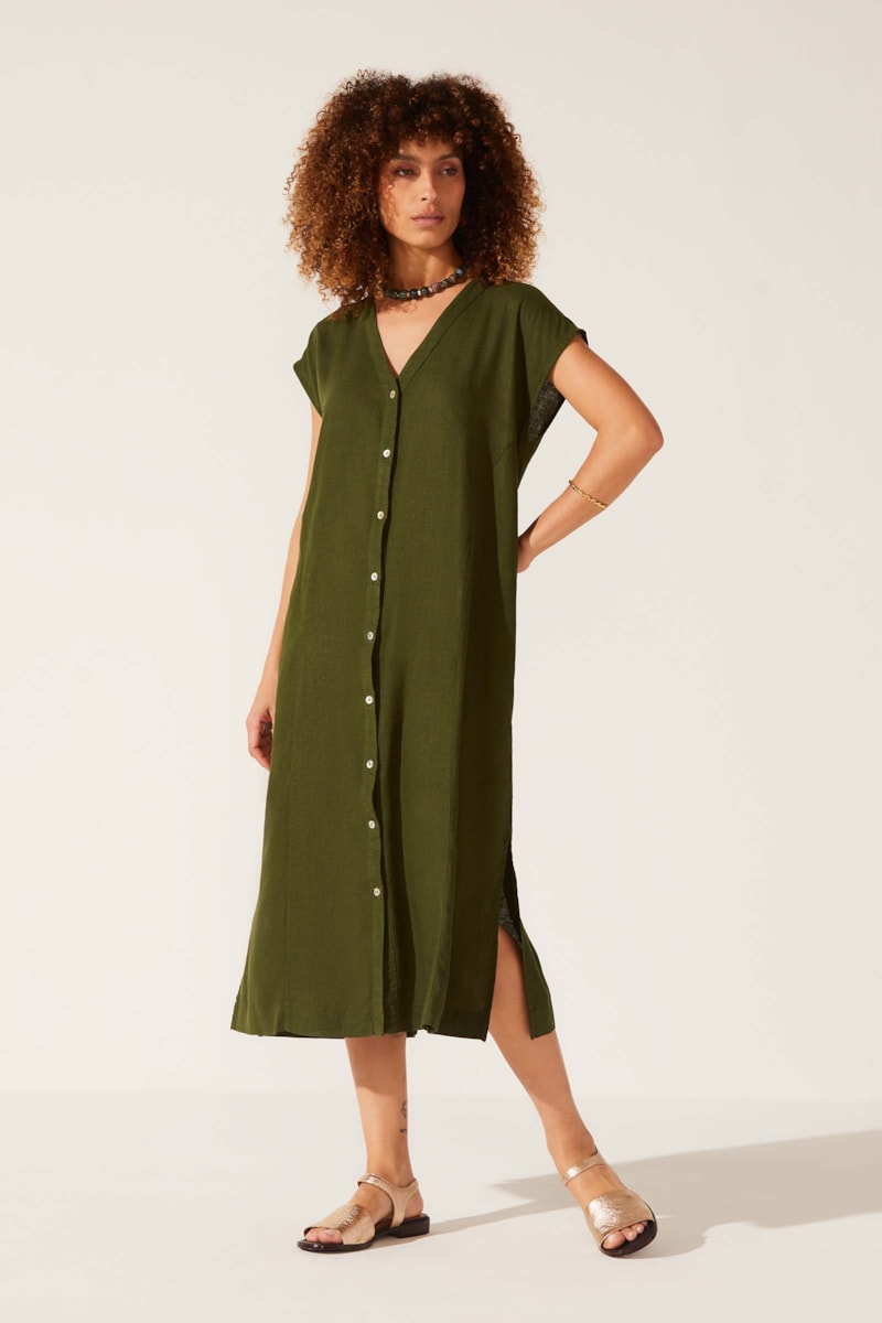 Vestido Yogini Linho Dye Botoes Gilda Verde