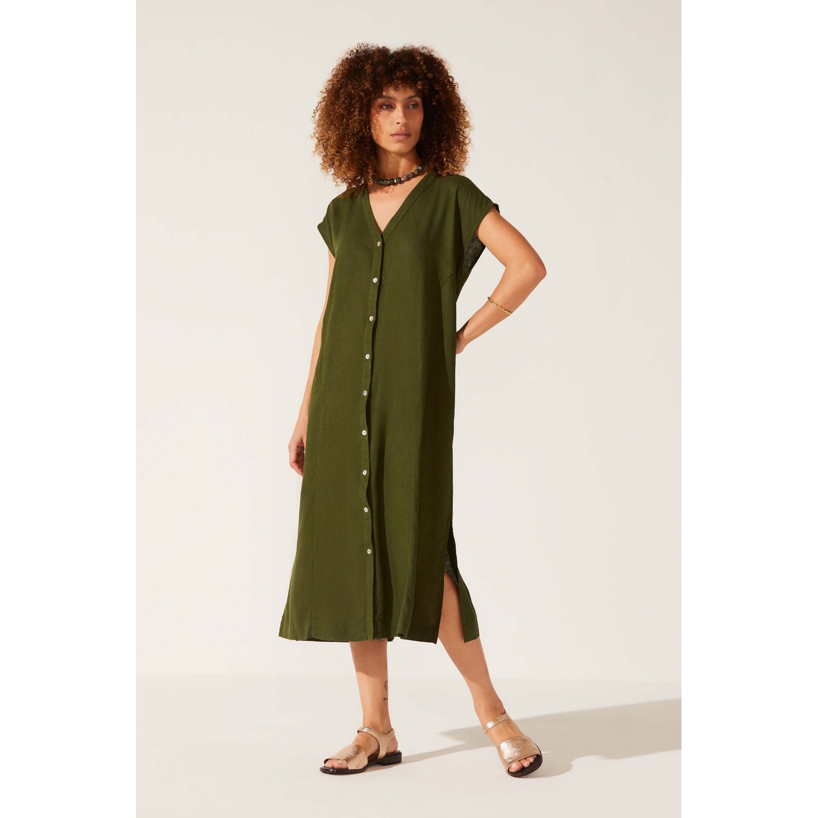 Vestido Yogini Linho Dye Botoes Gilda Verde